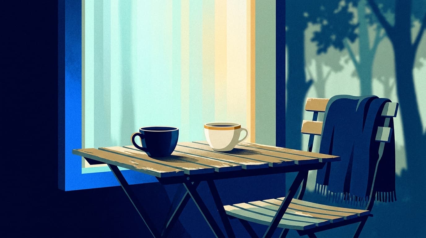 Deux tasses de café posées sur une table de bistrot en bois, lumière douce