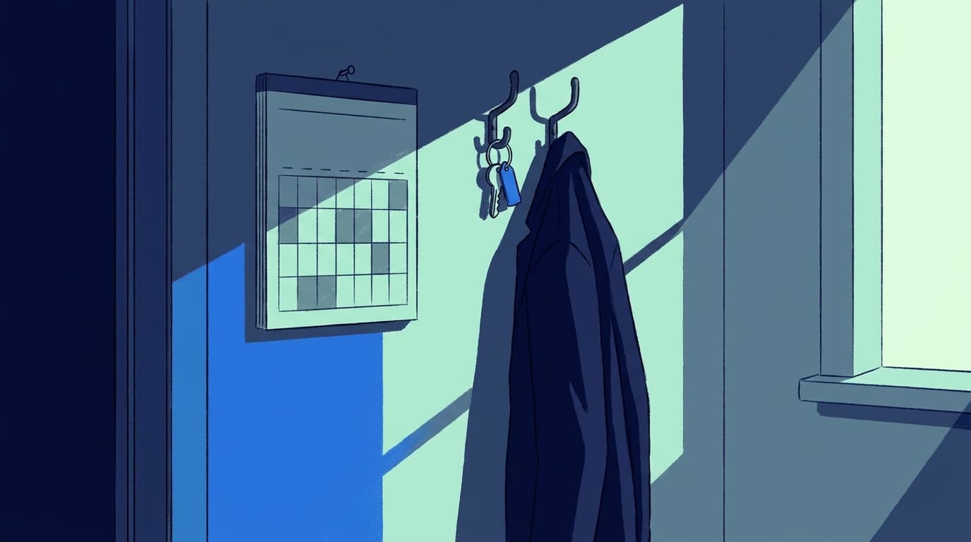 A wall calendar with a few blocks marked out, hanging beside a coat hook