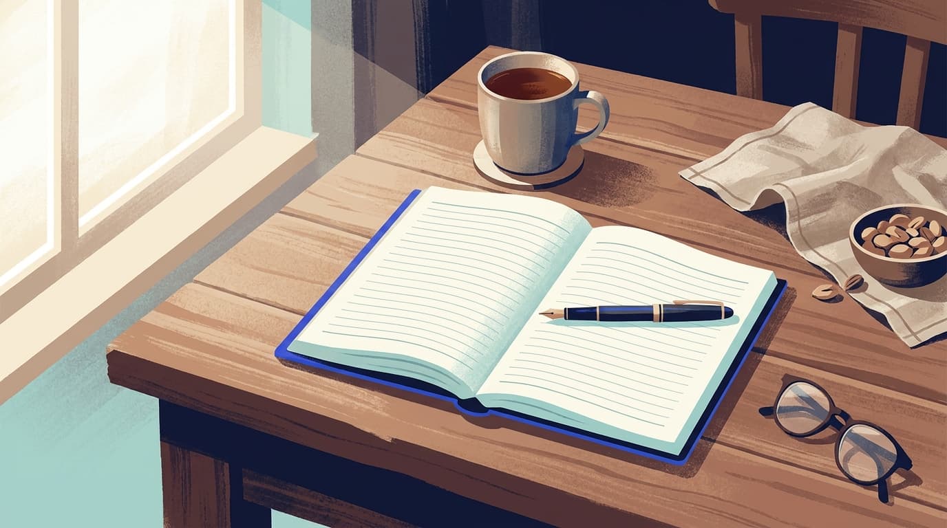 A kitchen table with an open paper diary, a pen and a mug, lit by soft morning light