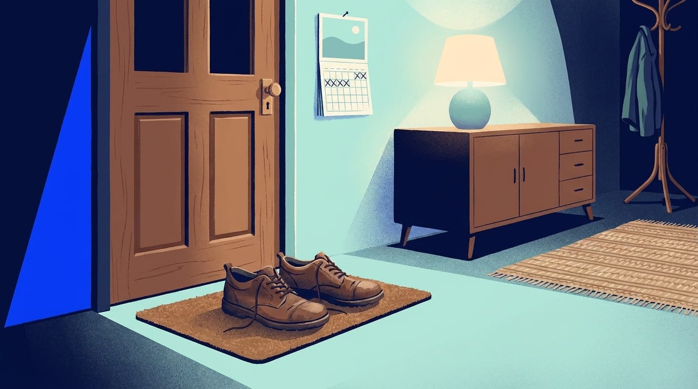 A pair of walking shoes by a back door, with a kitchen calendar on the wall