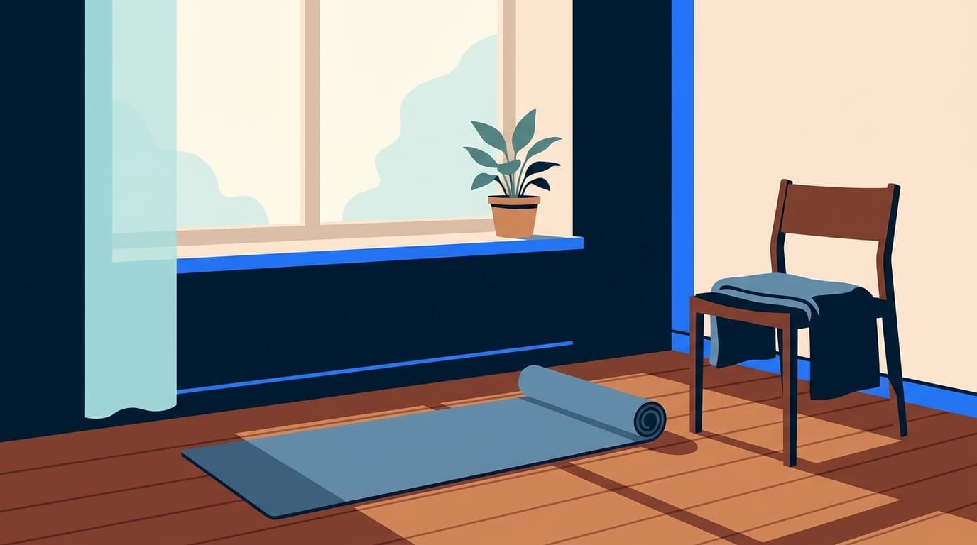 Un tapis de sol déroulé près d'une chaise en bois dans une pièce calme et lumineuse