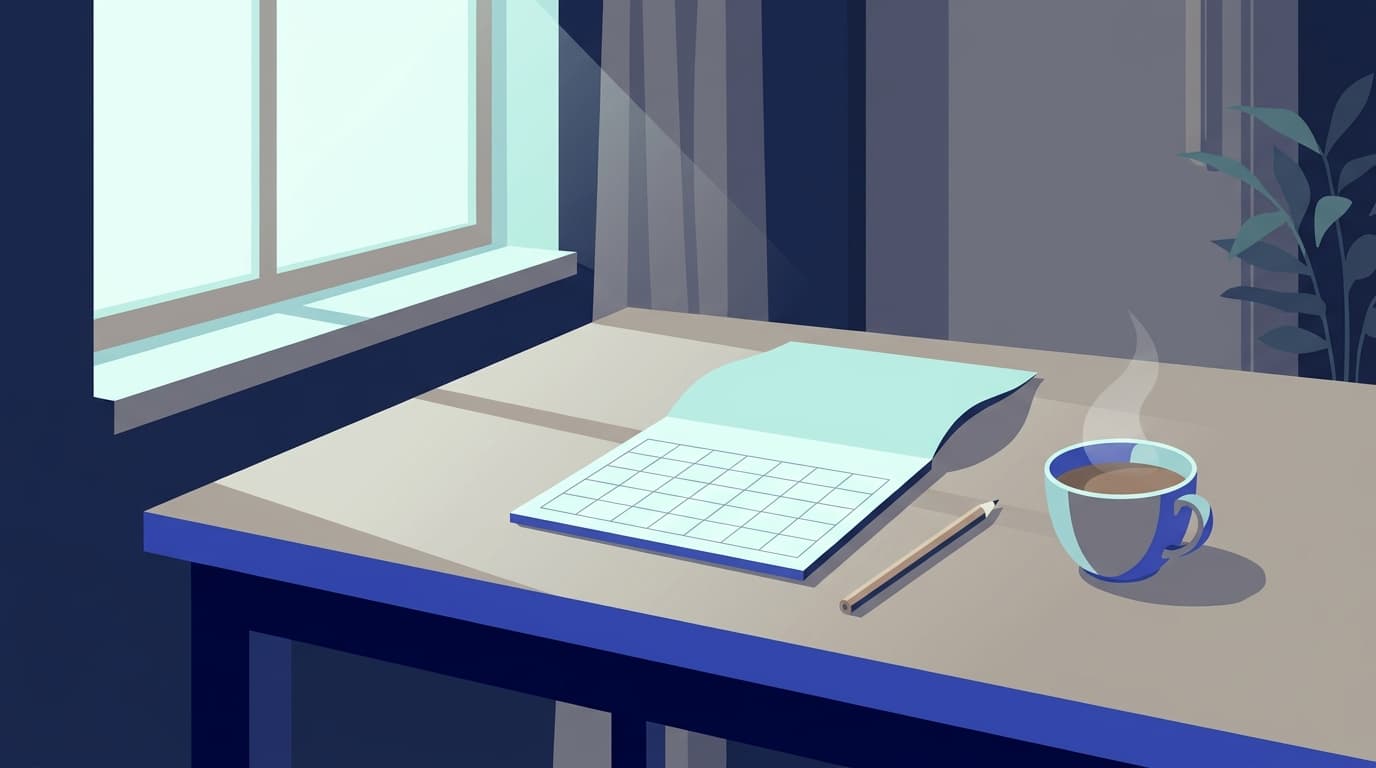 Un calendrier papier, un crayon et une tasse posés sur une table de cuisine
