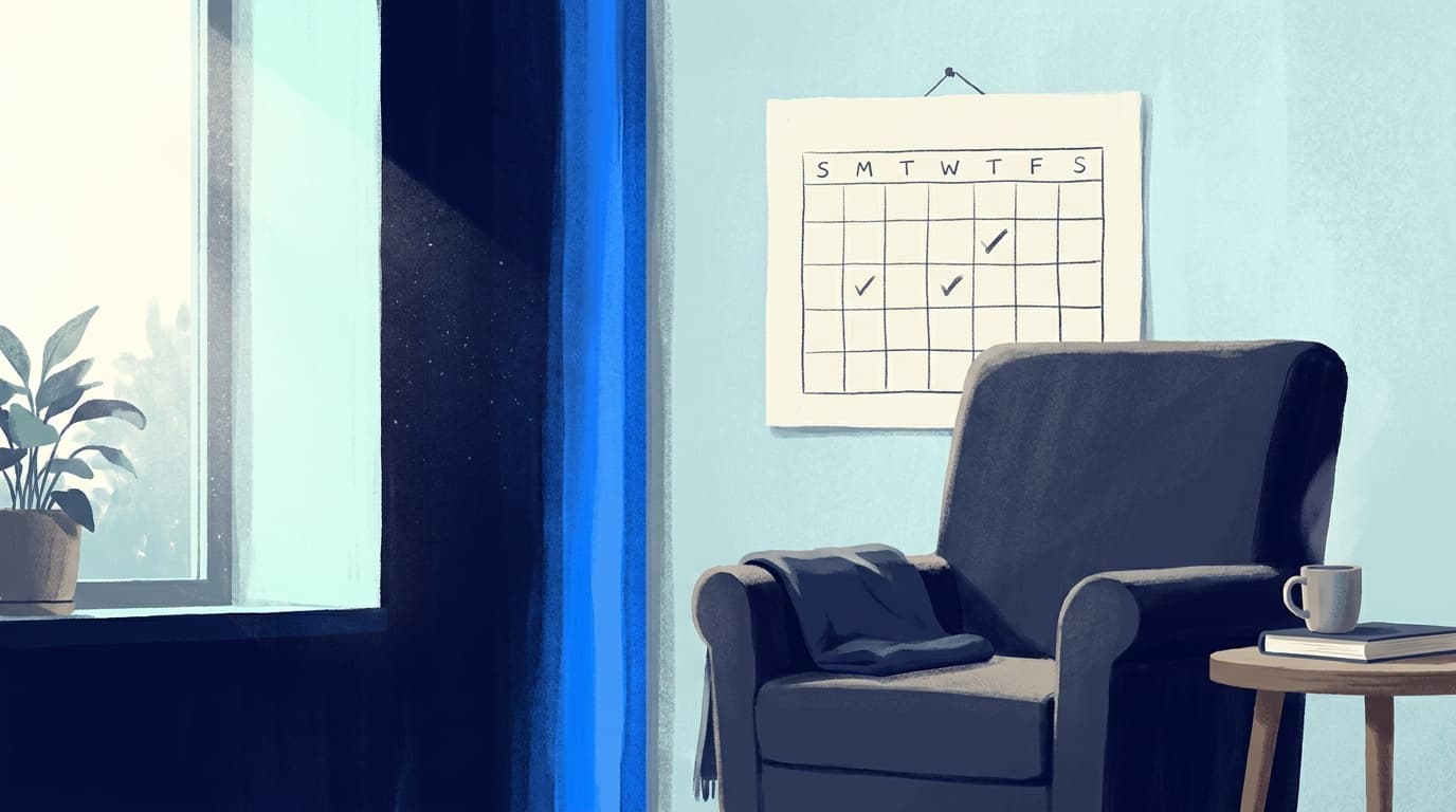 Une chaise près d'une fenêtre et un calendrier mural sans chiffres visibles, ambiance sobre
