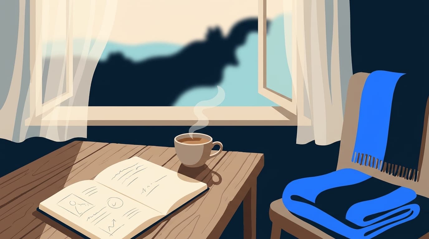 Un carnet ouvert et une tasse posés près d'une fenêtre, lumière calme du matin