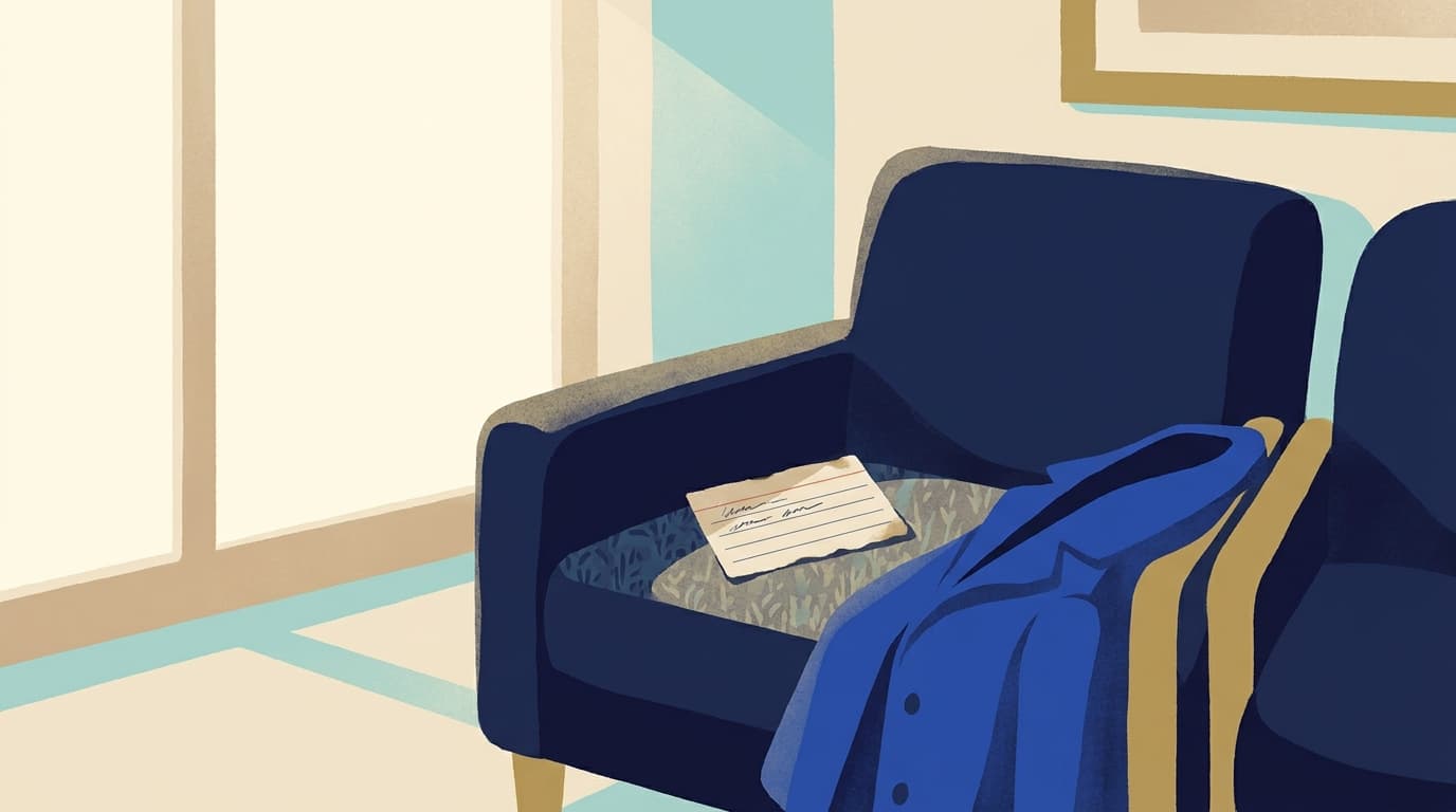 A simple handwritten list on a card held ready, resting on a chair arm in a waiting area