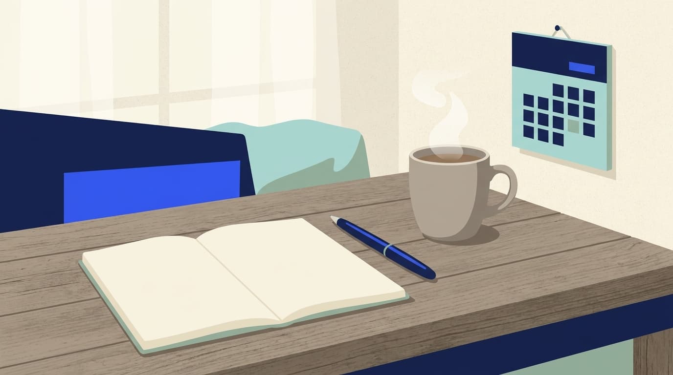 A notebook, a pen and a cup of tea on a kitchen table in morning light, with a calendar page nearby