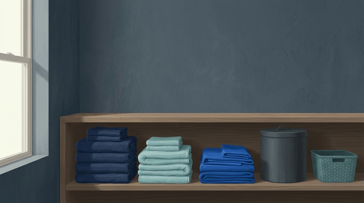 A laundry shelf with folded towels, spare sheets and a lidded bin, arranged neatly within easy reach
