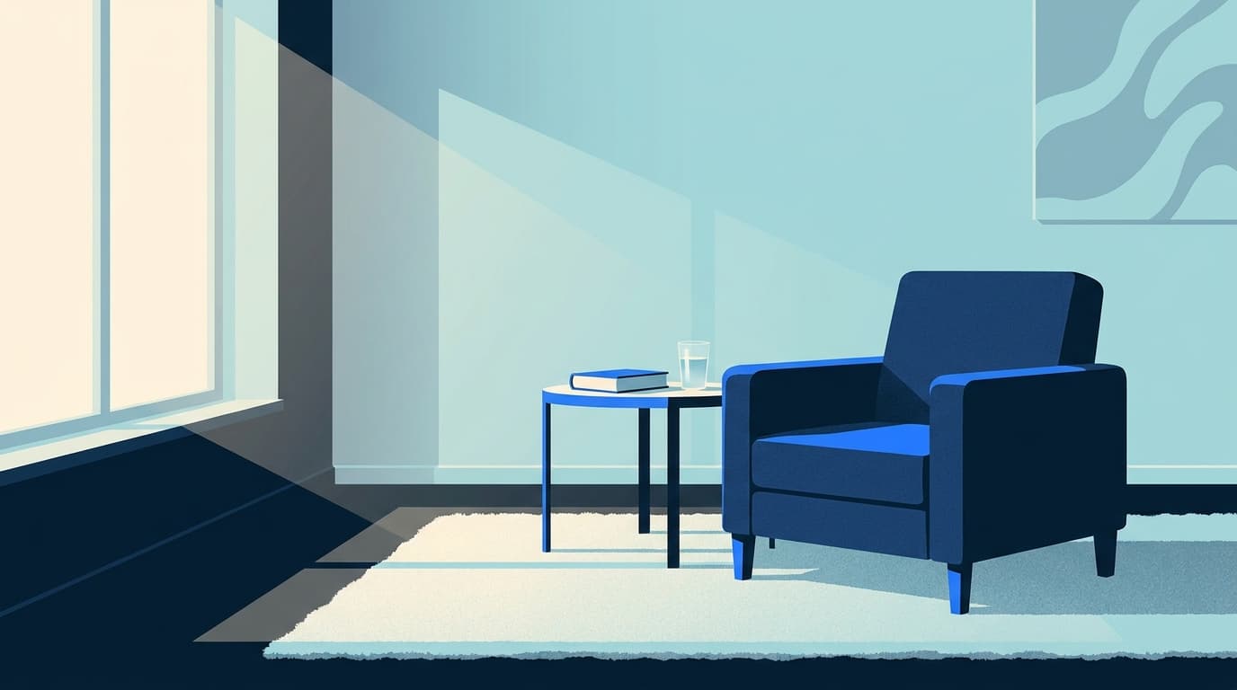 A quiet living room with a firm armchair, a folded blanket and a book on a side table, waiting