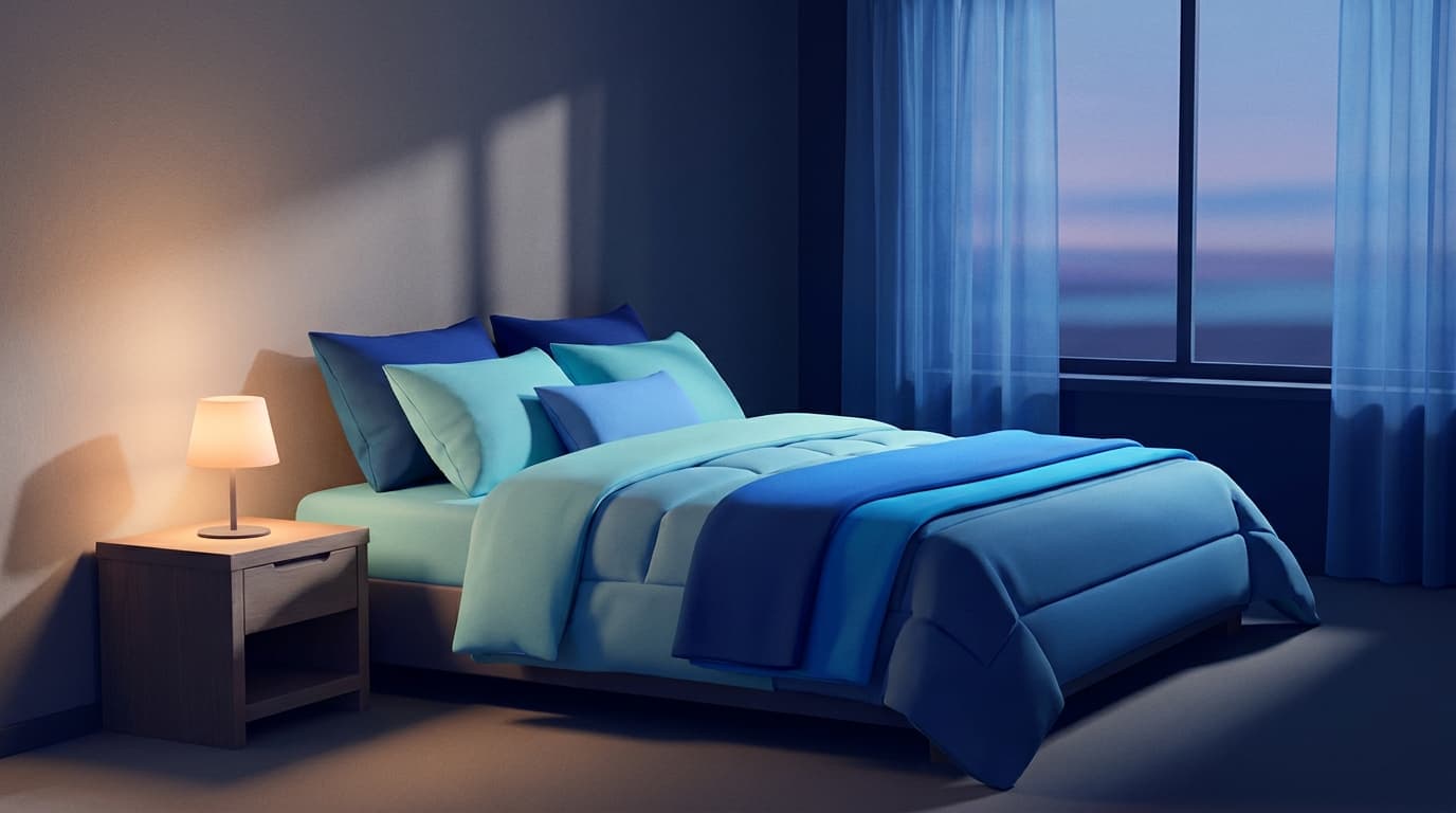 Chambre calme au petit matin, lit soigneusement préparé, lampe basse allumée sur la table de nuit