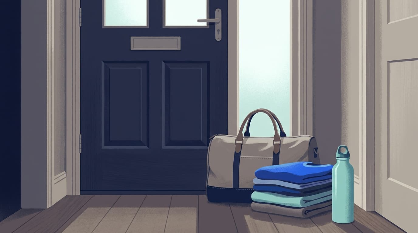 Un sac préparé pour l'hôpital posé près d'une porte d'entrée, avec des vêtements pliés