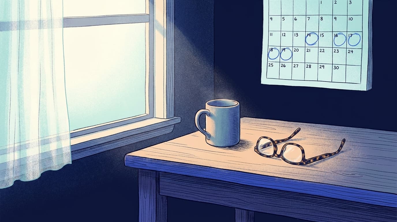 Un calendrier mural et une tasse posés sur une table en bois, lumière douce du matin