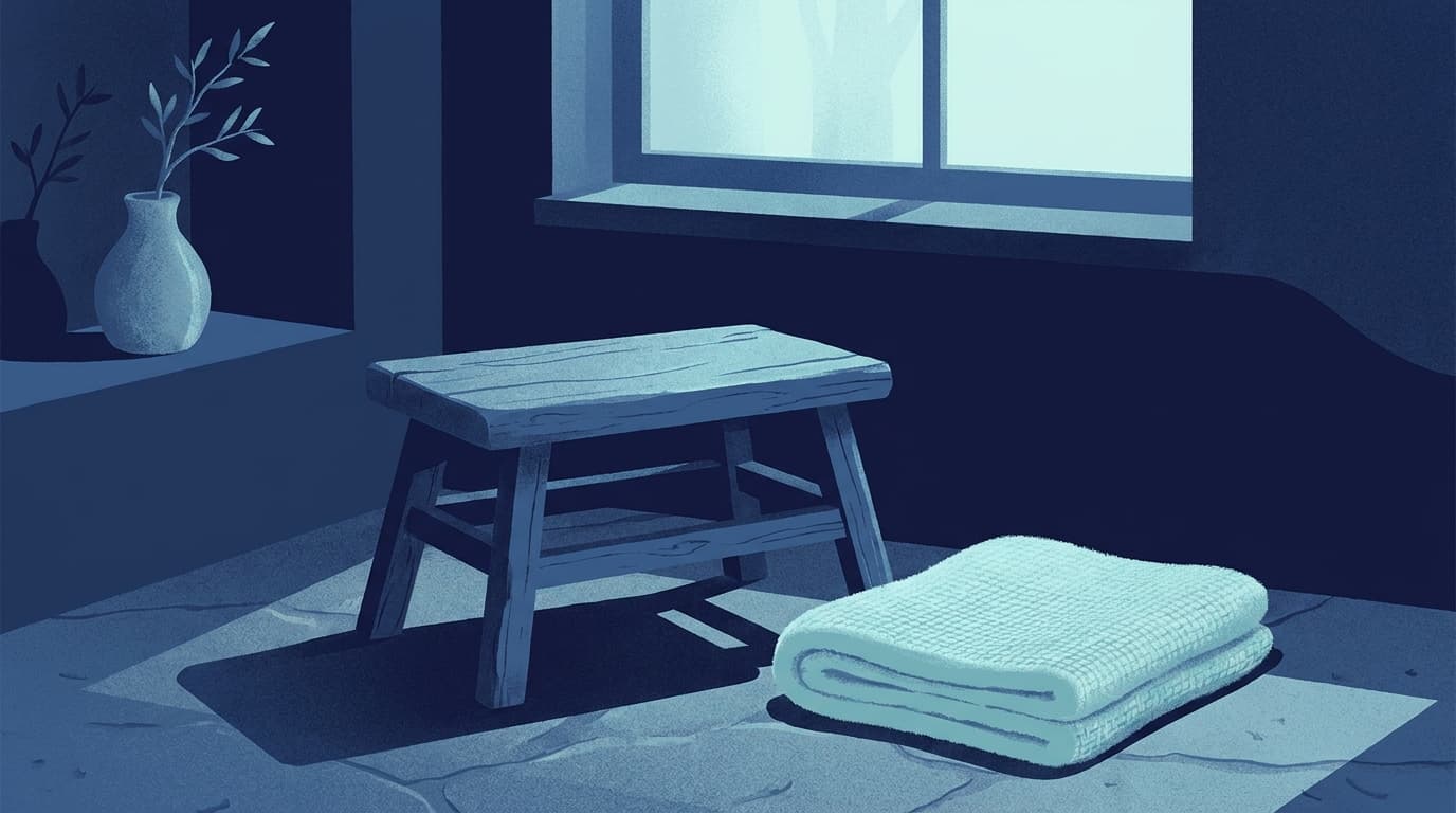 A low footstool in front of a bathroom door, with a folded towel beside it