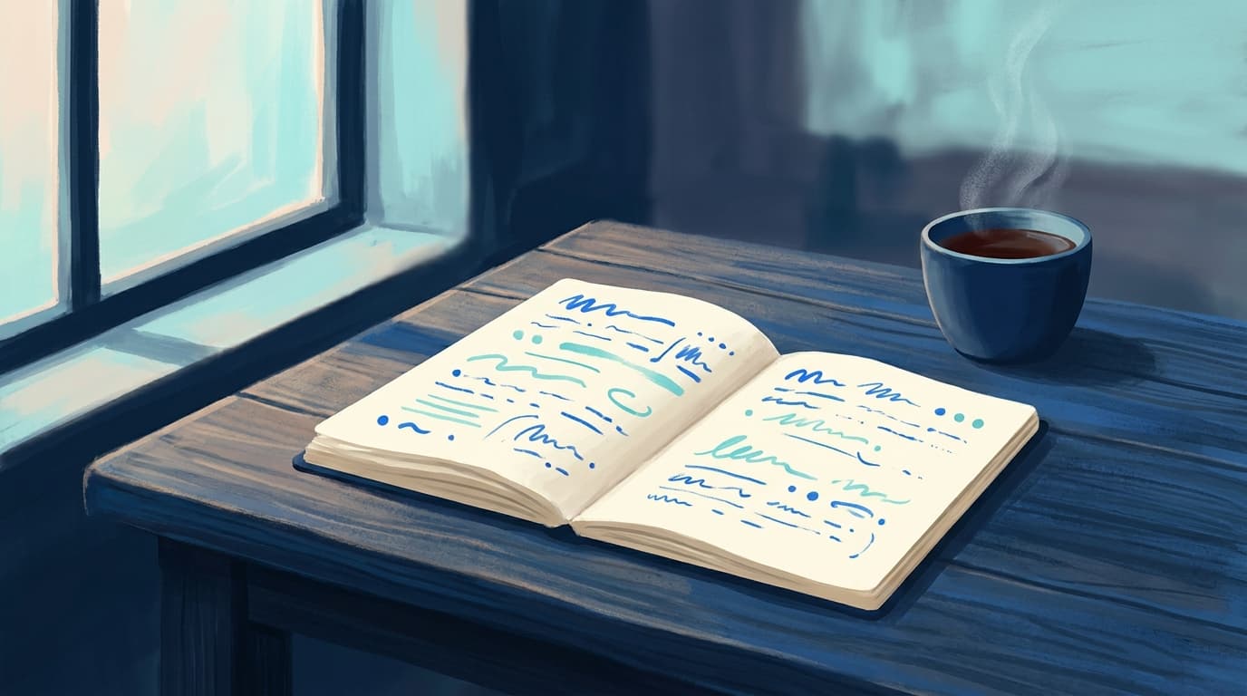 Carnet ouvert sur une table avec une tasse de thé, lumière douce de fin de journée