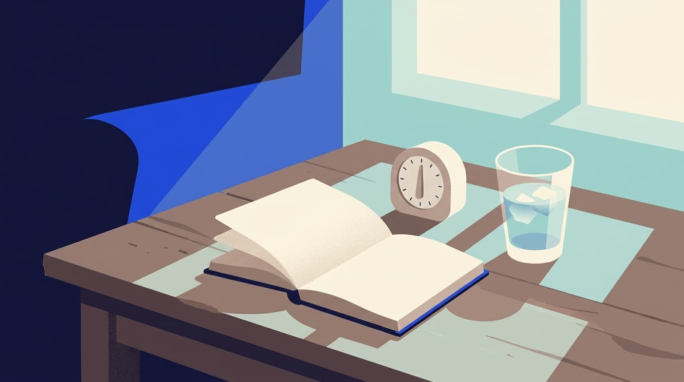 Illustration d'un carnet ouvert et d'un minuteur posés sur une table en bois, lumière douce