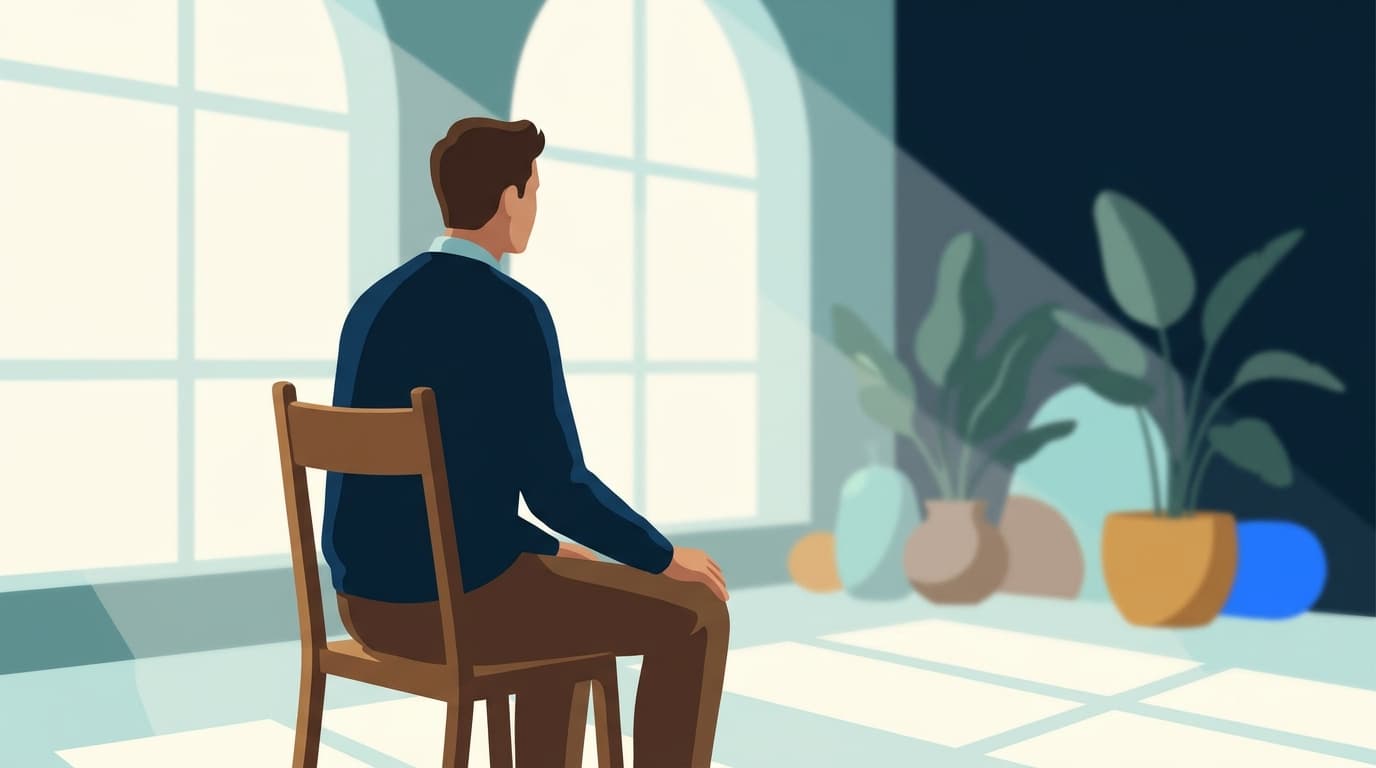 Illustration sobre d'un homme assis sur une chaise, dos droit, mains posées sur les cuisses, dans une pièce calme
