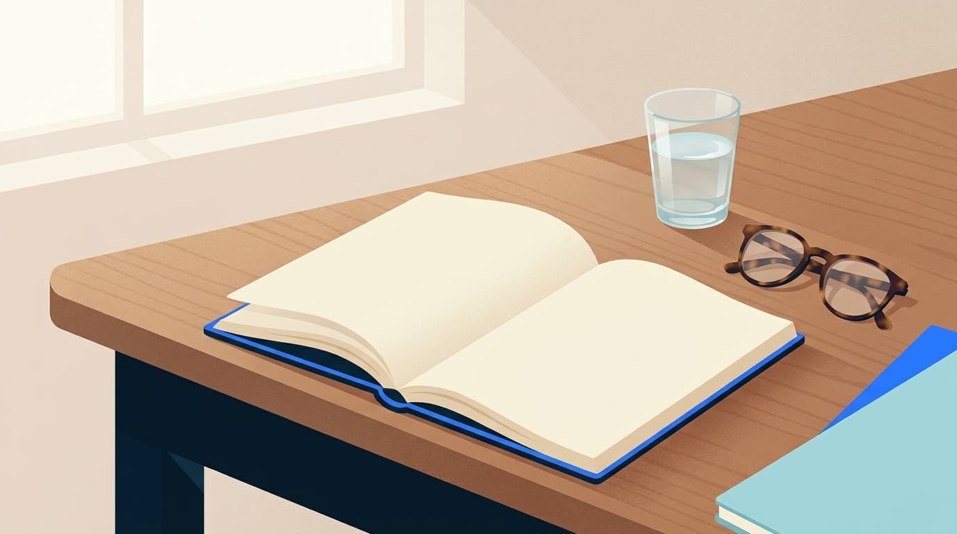 Un carnet ouvert sur une table de cuisine, à côté d'un verre d'eau et d'une paire de lunettes
