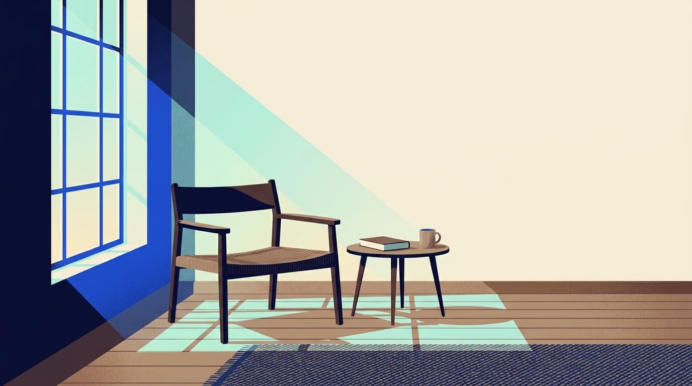 Une chaise en bois près d'une fenêtre, lumière calme du matin, intérieur sobre