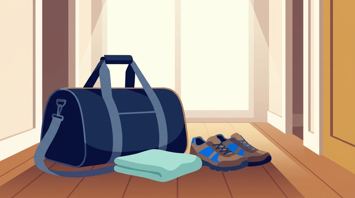 Un sac de sport posé dans une entrée, avec une serviette pliée et une paire de chaussures