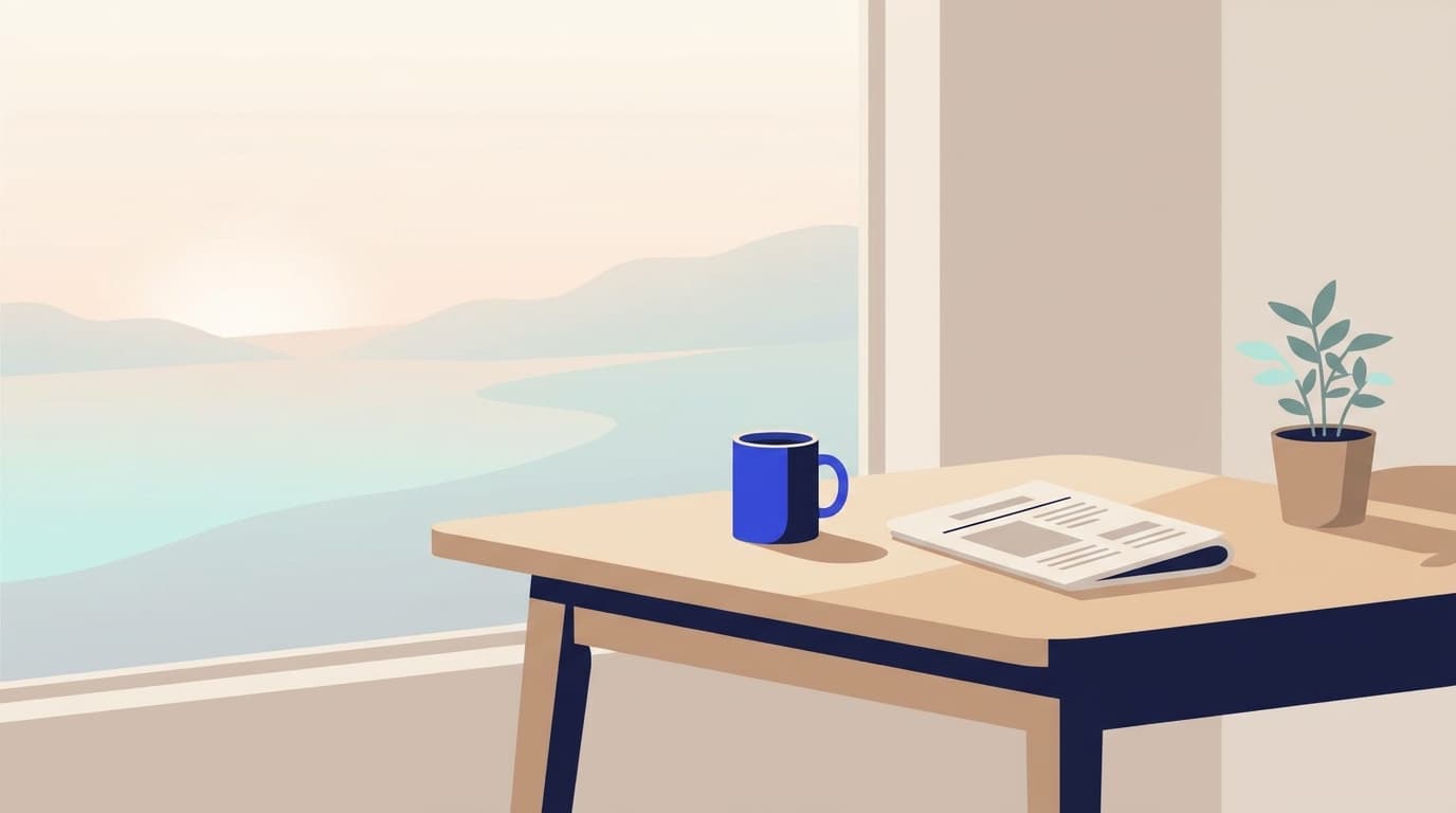 Une tasse de café posée près d'une fenêtre au petit matin, ambiance calme et sobre