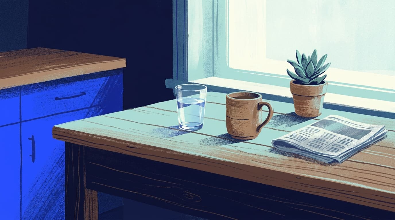 Un verre d'eau et une tasse posés sur une table de cuisine, lumière naturelle