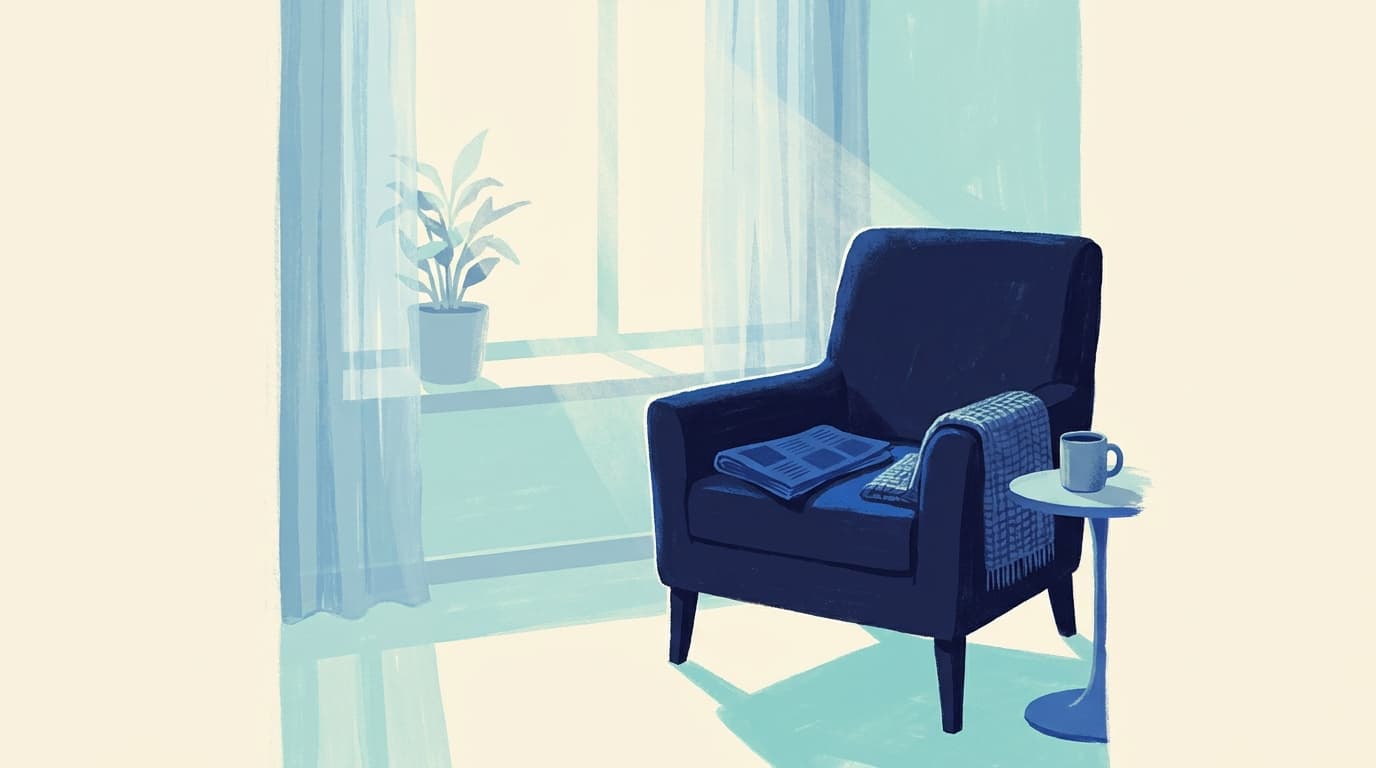 Un fauteuil vide près d'une fenêtre, lumière douce du matin, ambiance calme
