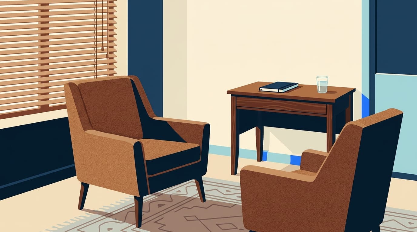 A quiet consulting room with two chairs, a desk and a notebook, waiting for a conversation