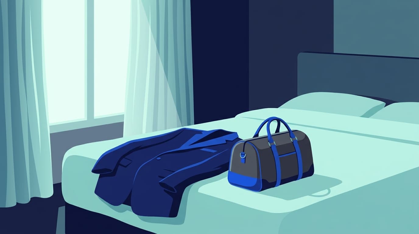 Gepackte Reisetasche und Jacke auf einem Bett am Morgen, ruhiges Licht