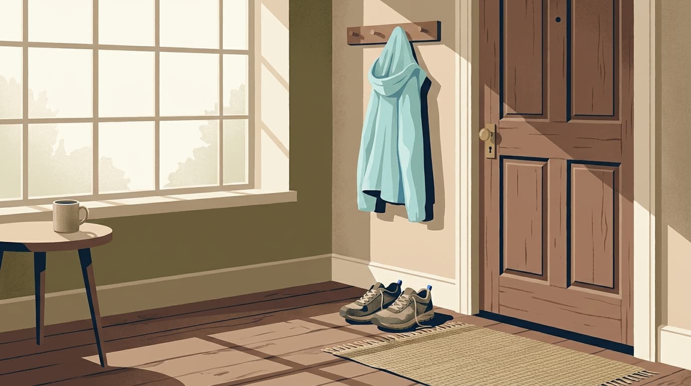 Une paire de chaussures de marche posée près d'une porte d'entrée, lumière douce du matin