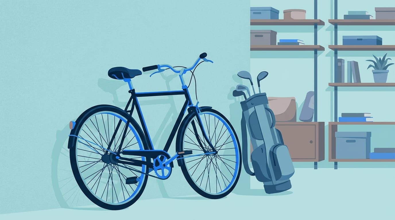 Un vélo appuyé contre un mur à côté d'un sac de golf, dans un garage rangé