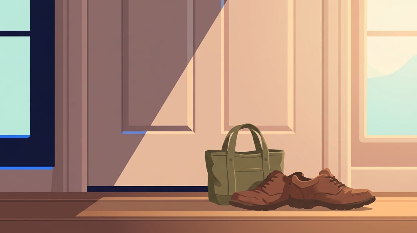 Une paire de chaussures de marche et un sac posés près d'une porte d'entrée, lumière du matin