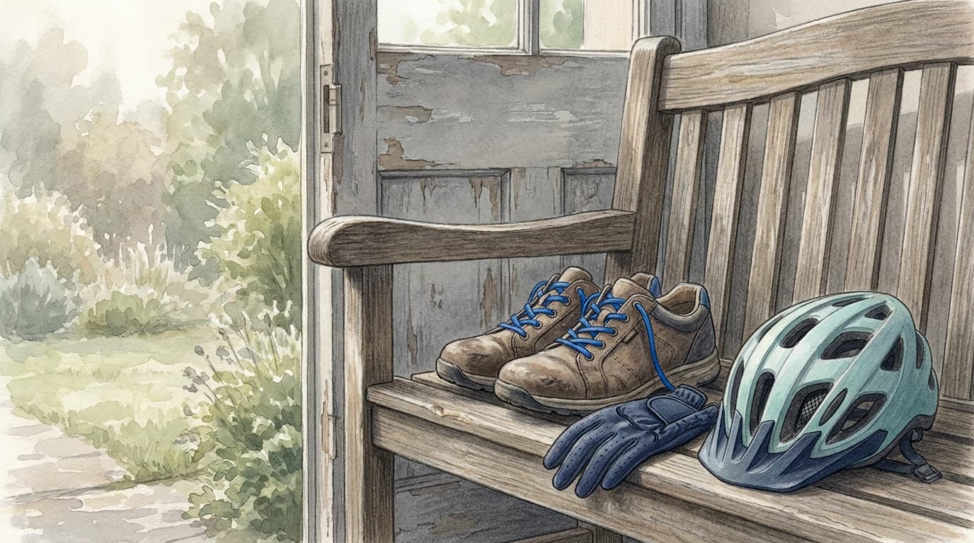 A pair of walking shoes, a golf glove and a bike helmet resting together by a back door in morning light.