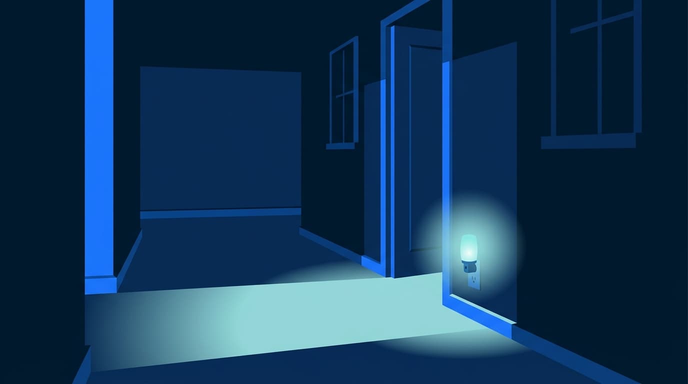 Un couloir la nuit, éclairé par une petite veilleuse basse près d'une porte entrouverte