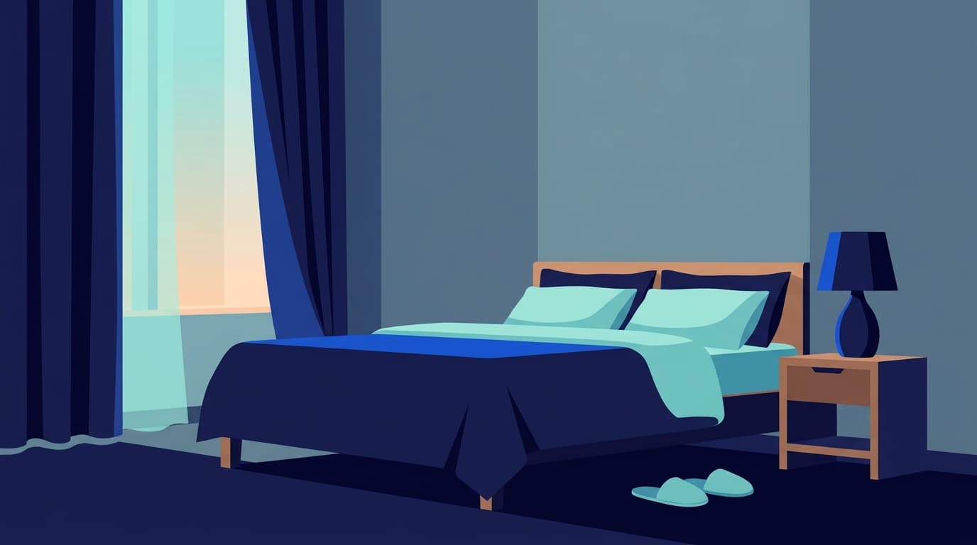 Une chambre calme au petit matin, lit fait, lampe de chevet éteinte, lumière douce à la fenêtre