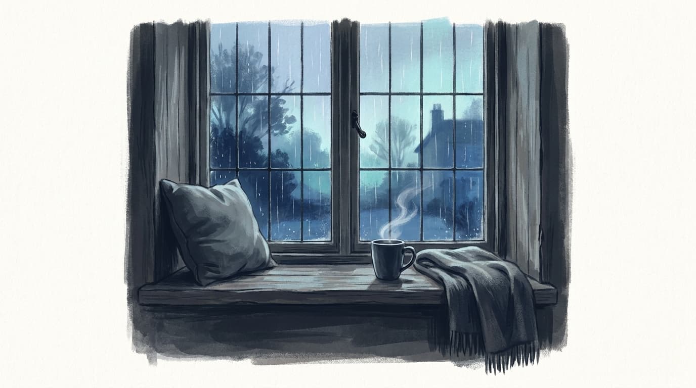 Ruhiger Morgen am Fenster, eine Tasse Kaffee auf der Fensterbank, Regen draußen