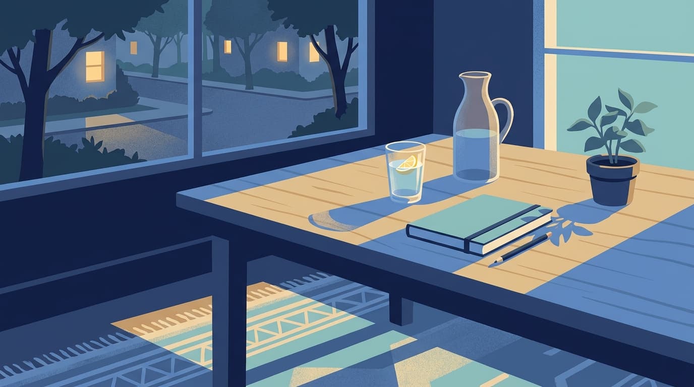 Verre d'eau et carafe sur une table de cuisine en fin de journée