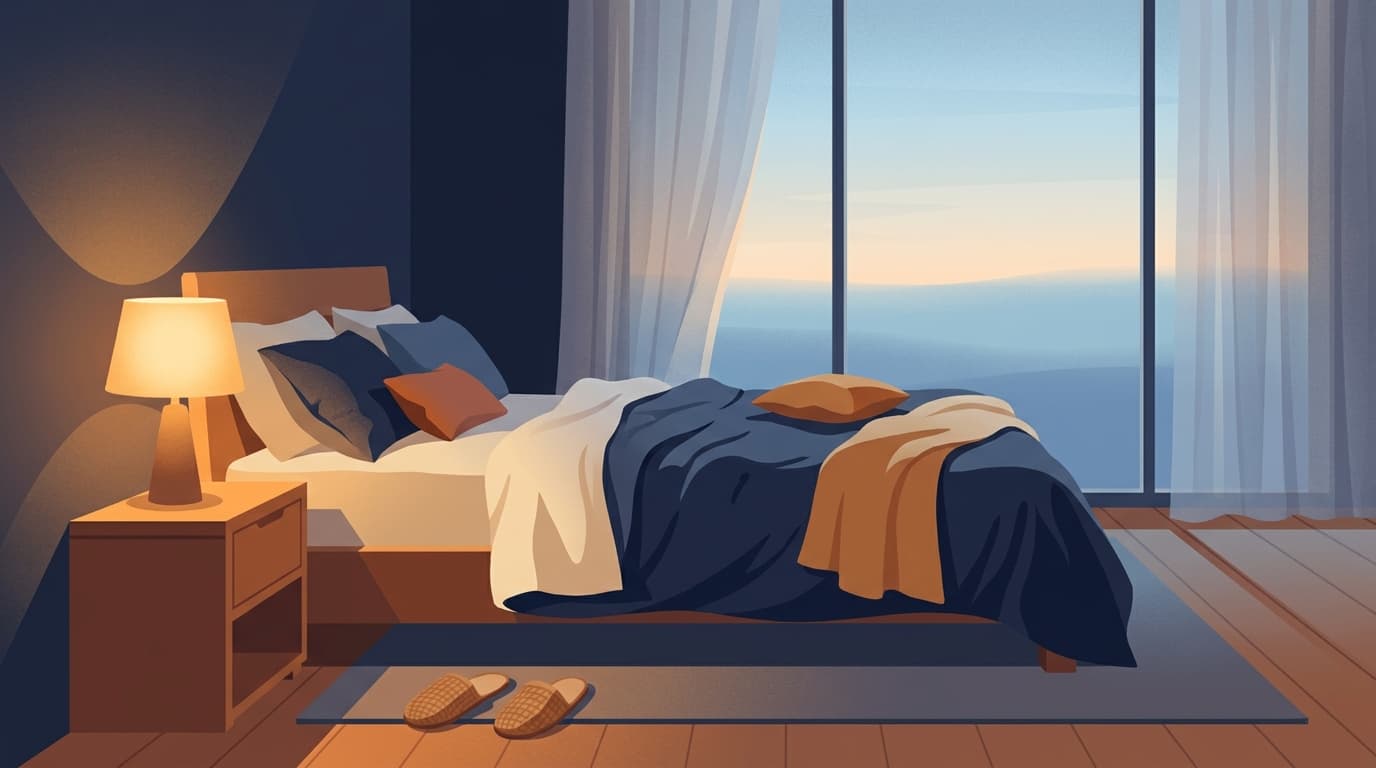 Chambre calme au petit matin, lampe de chevet allumée et lit défait