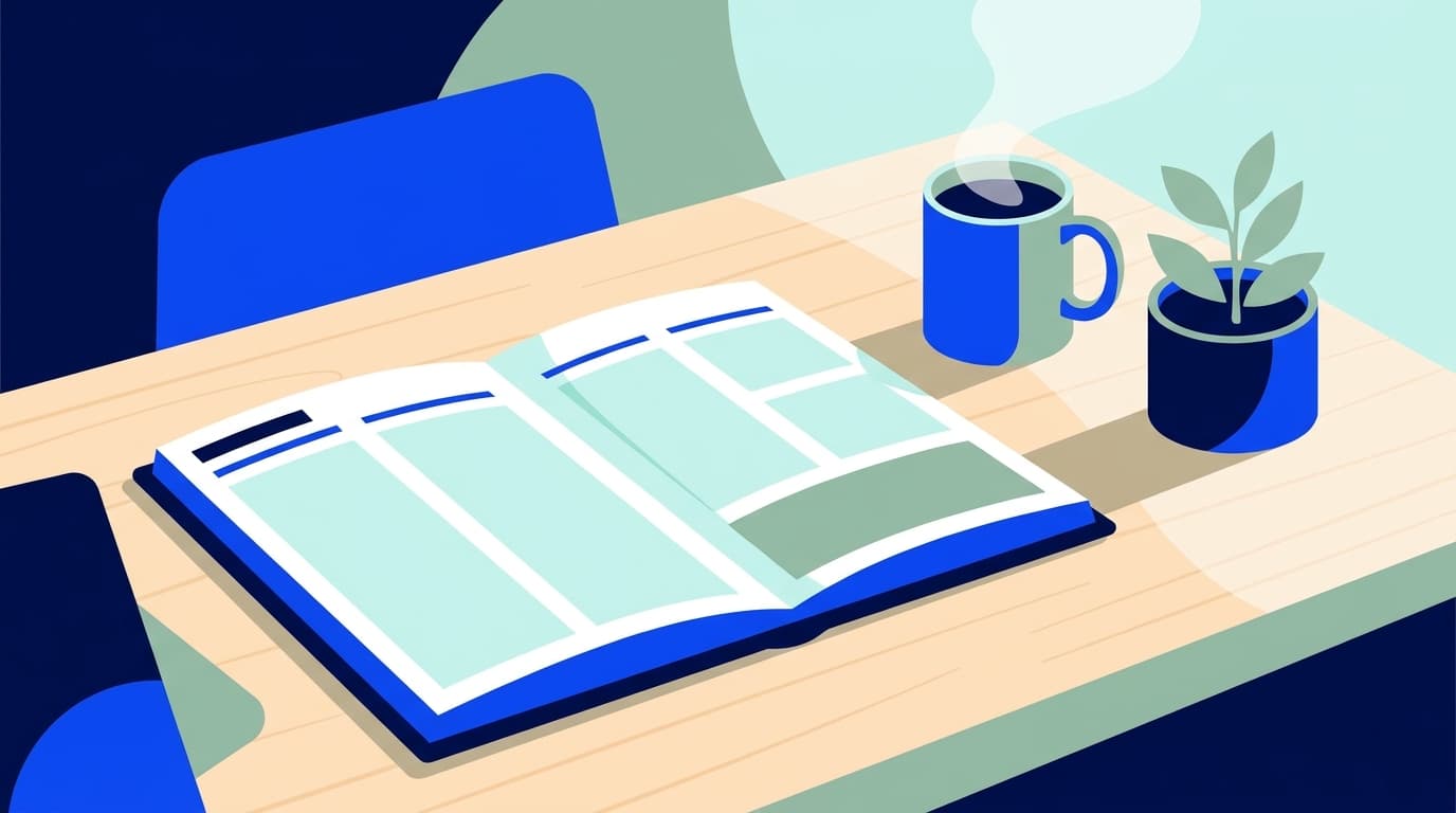 Un agenda de semaine ouvert sur une table claire, près d'une tasse et d'une plante verte