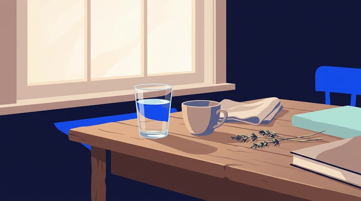 Un verre d'eau et une tasse posés sur une table en bois près d'une fenêtre, dans une lumière douce de fin de journée.