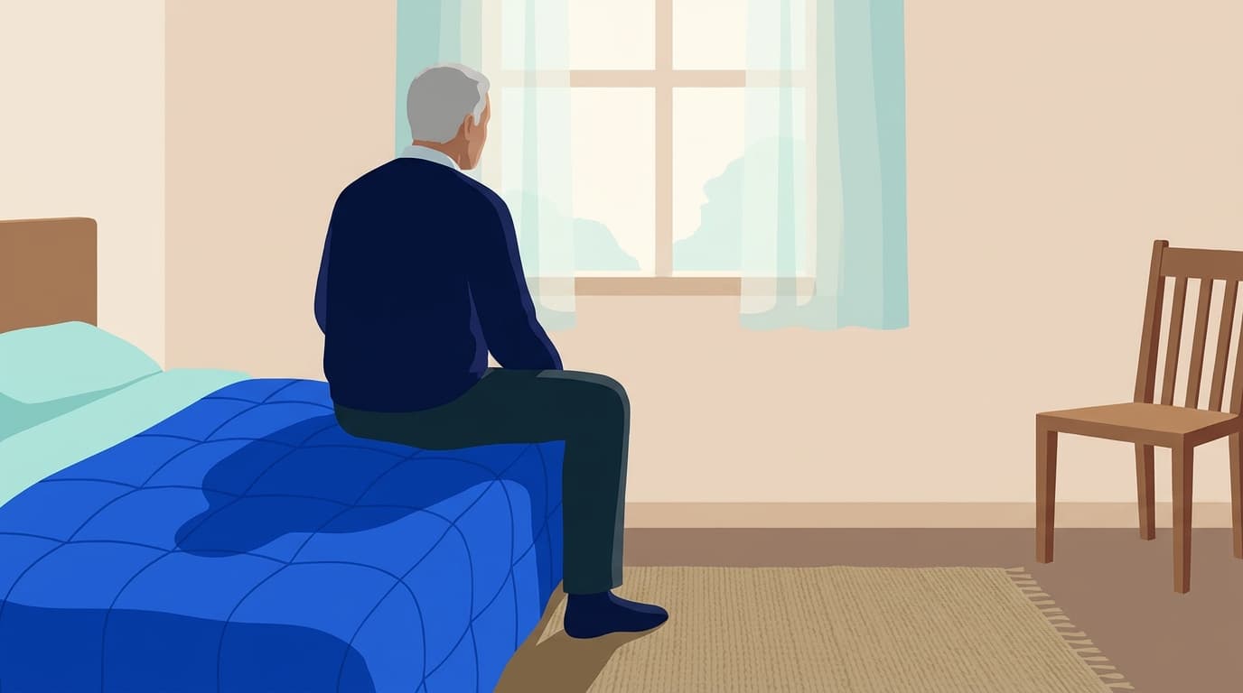 Un homme de dos, assis au bord d'un lit dans une chambre claire, prenant un moment calme avant sa séance d'exercices.