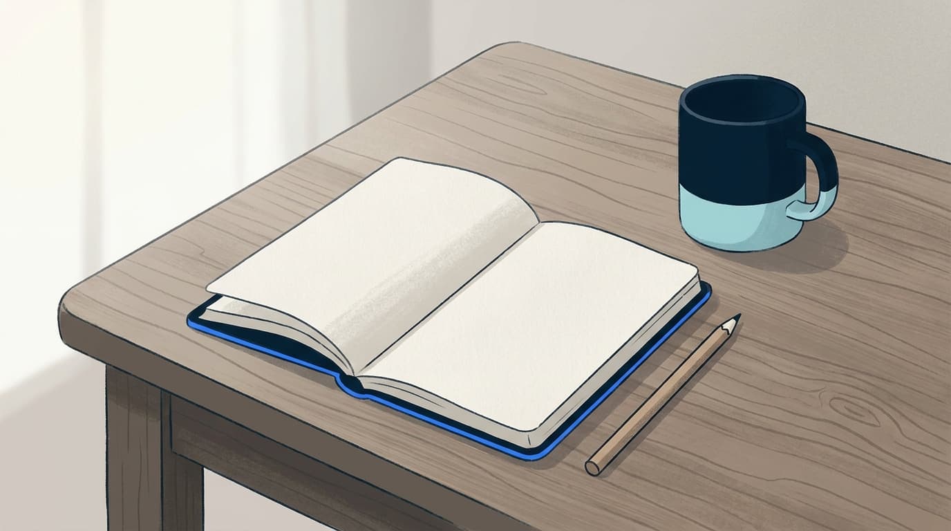 A plain notebook open on a kitchen table with a pencil beside it