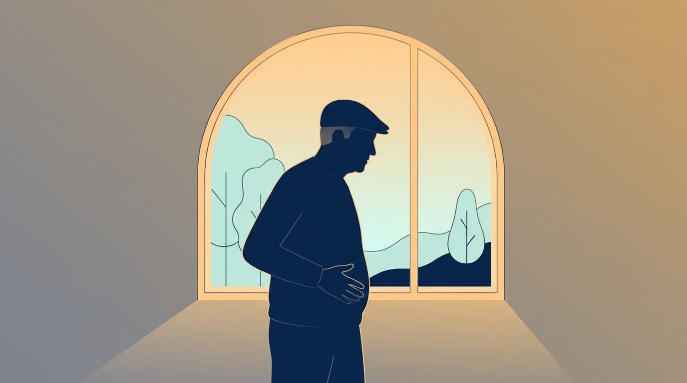 A simple line illustration of a man standing calmly in a quiet room, one hand resting on his lower abdomen