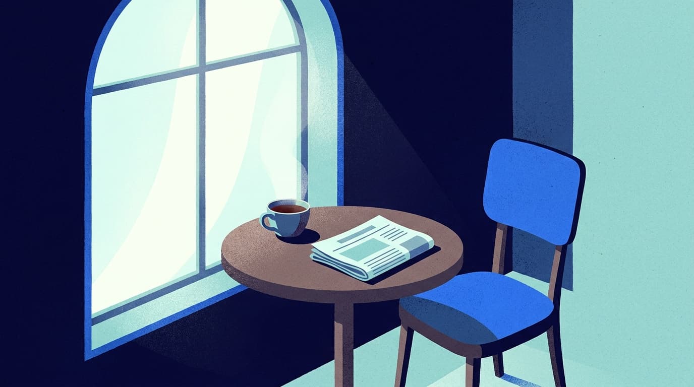 A café table by a window with a cup of tea and a folded newspaper, a chair pulled out as if someone is about to sit down