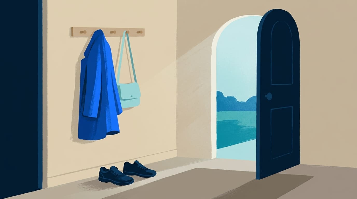 A woman's coat and bag on a hook by an open front door, morning light on the hallway floor