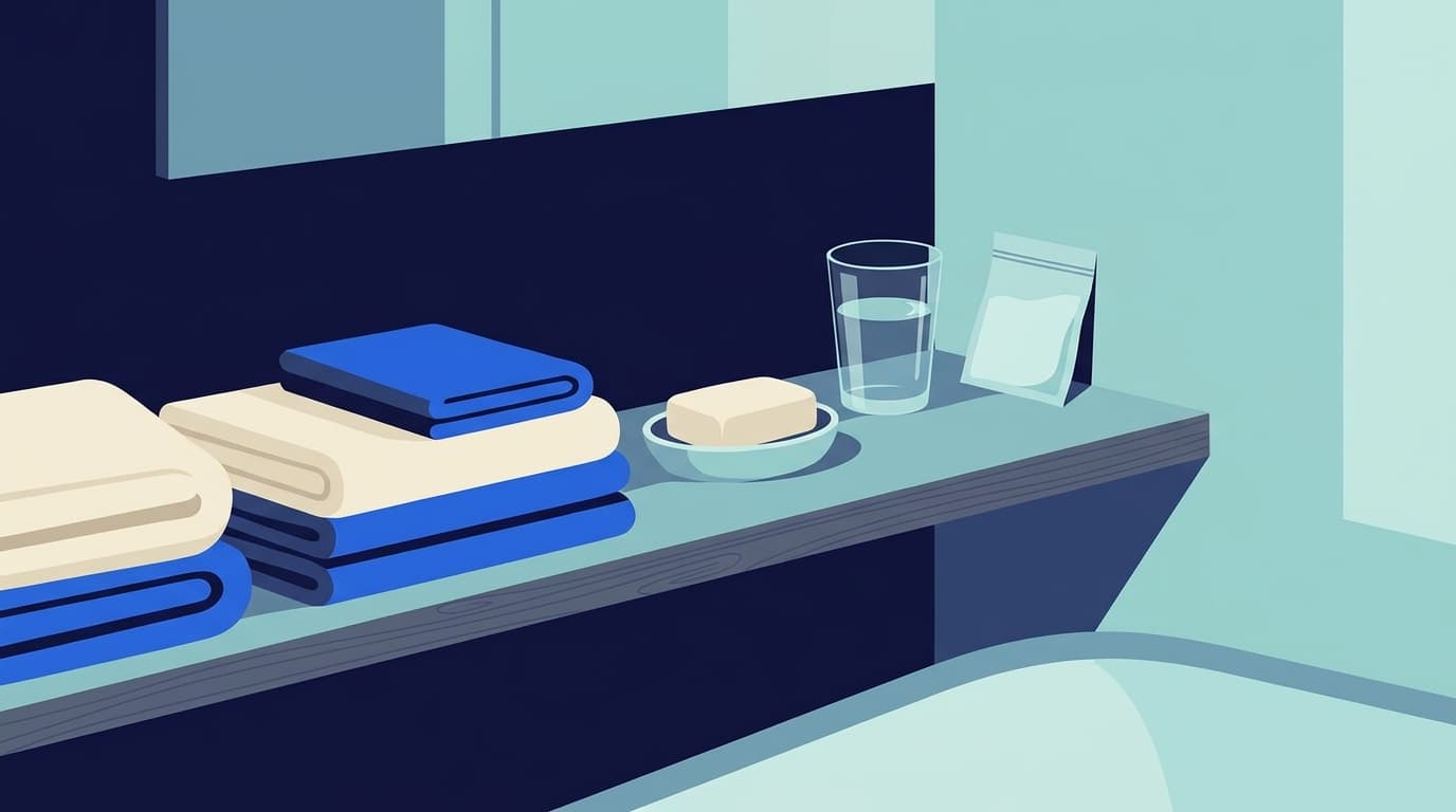 A bathroom shelf with a stack of folded towels, a bar of plain soap and a small sealable bag