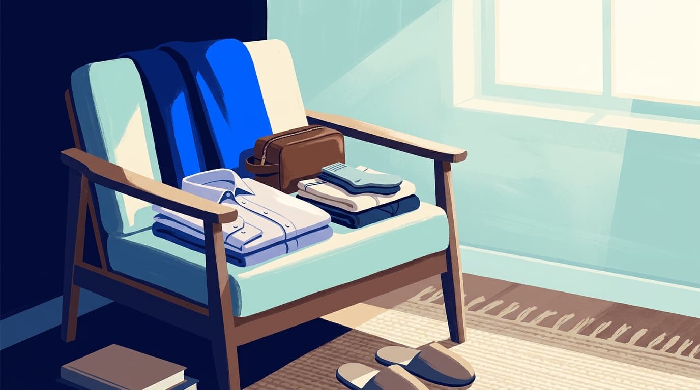 A folded shirt, a small zipped bag and clean underwear laid out neatly on a bedroom chair in morning light