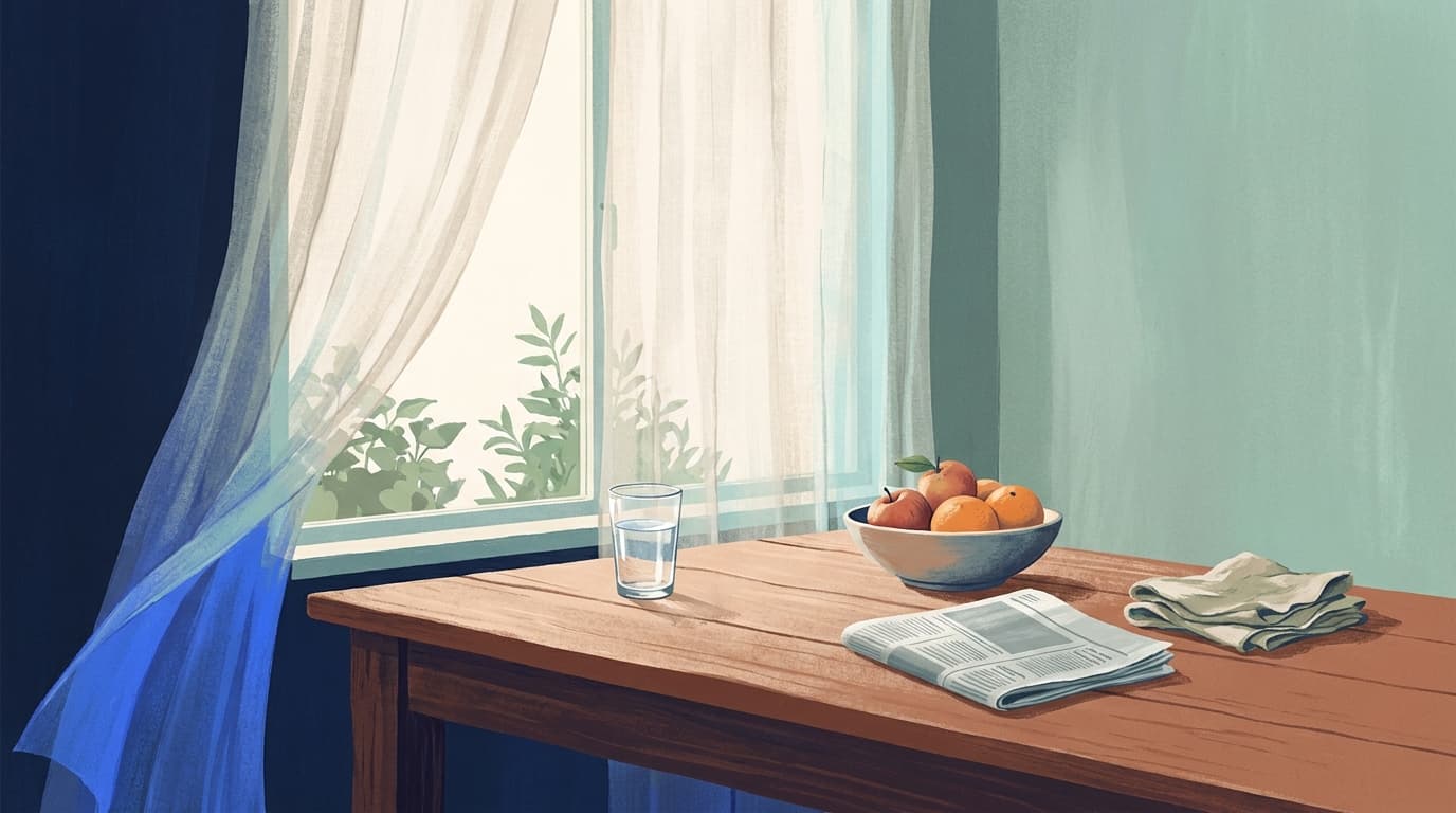 Une table de cuisine le matin, avec un verre d'eau, un bol de fruits et une fenêtre lumineuse