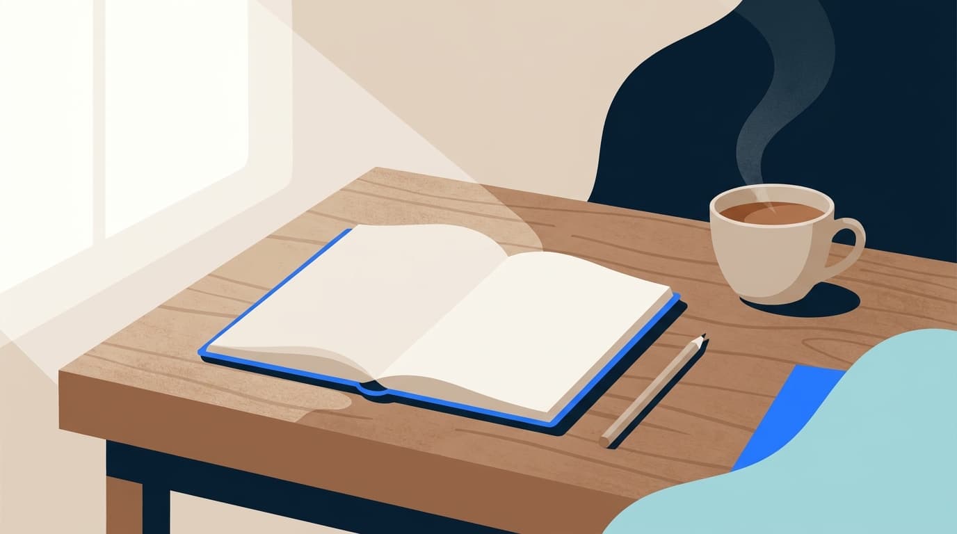 Un carnet ouvert et un crayon sur une table en bois, à côté d'une tasse