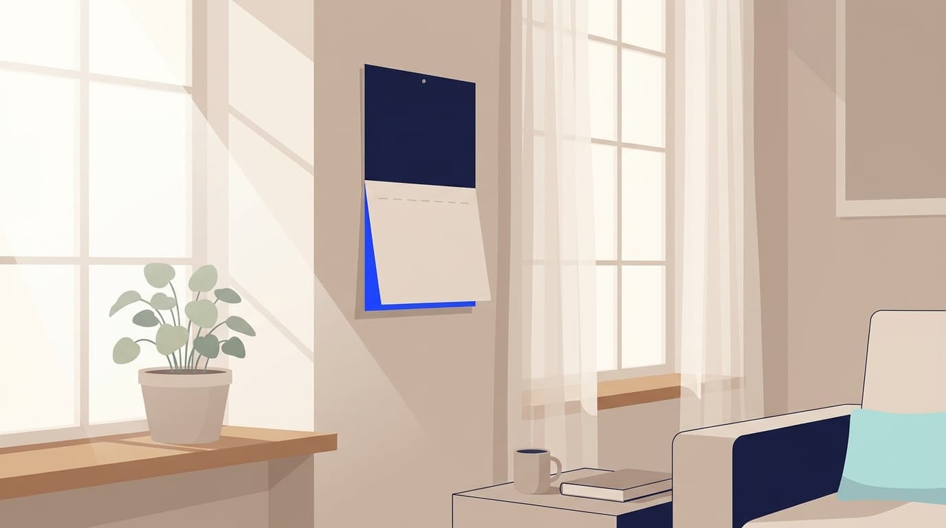 Un calendrier mural sobre posé près d'une fenêtre, lumière douce du matin