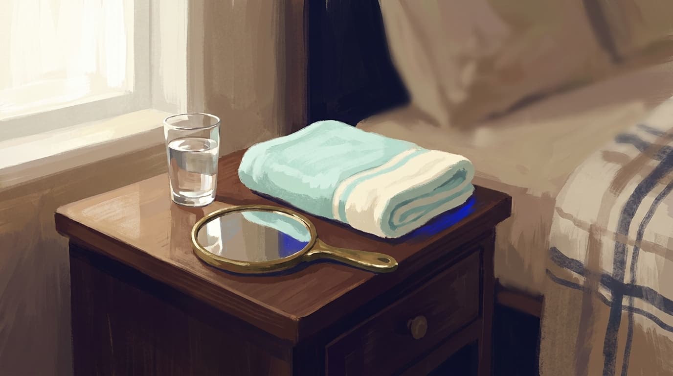 Un miroir à main et une serviette pliée posés sur une table de chevet