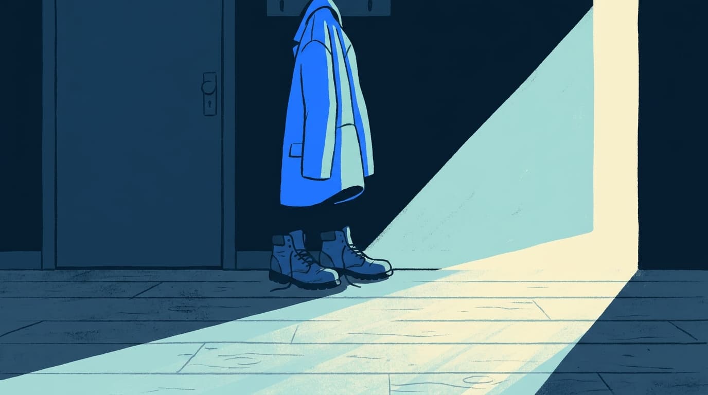 A pair of walking shoes by a back door, with a coat hung above and daylight coming in